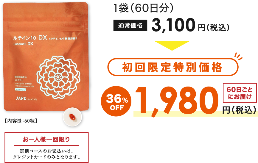 ルテイン サプリを初回限定特別価格 36%OFF 1980円（税込）60日ごとにお届け